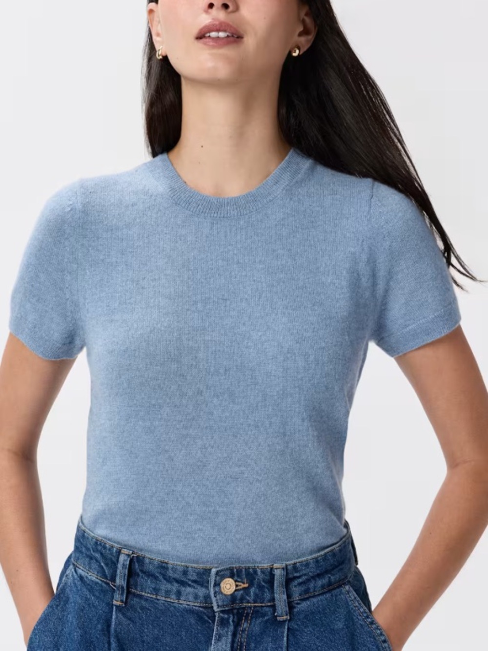 Quince Mongolian Cashmere Short-Sleeve Tee Size S In Faded Denim Crew Neckline